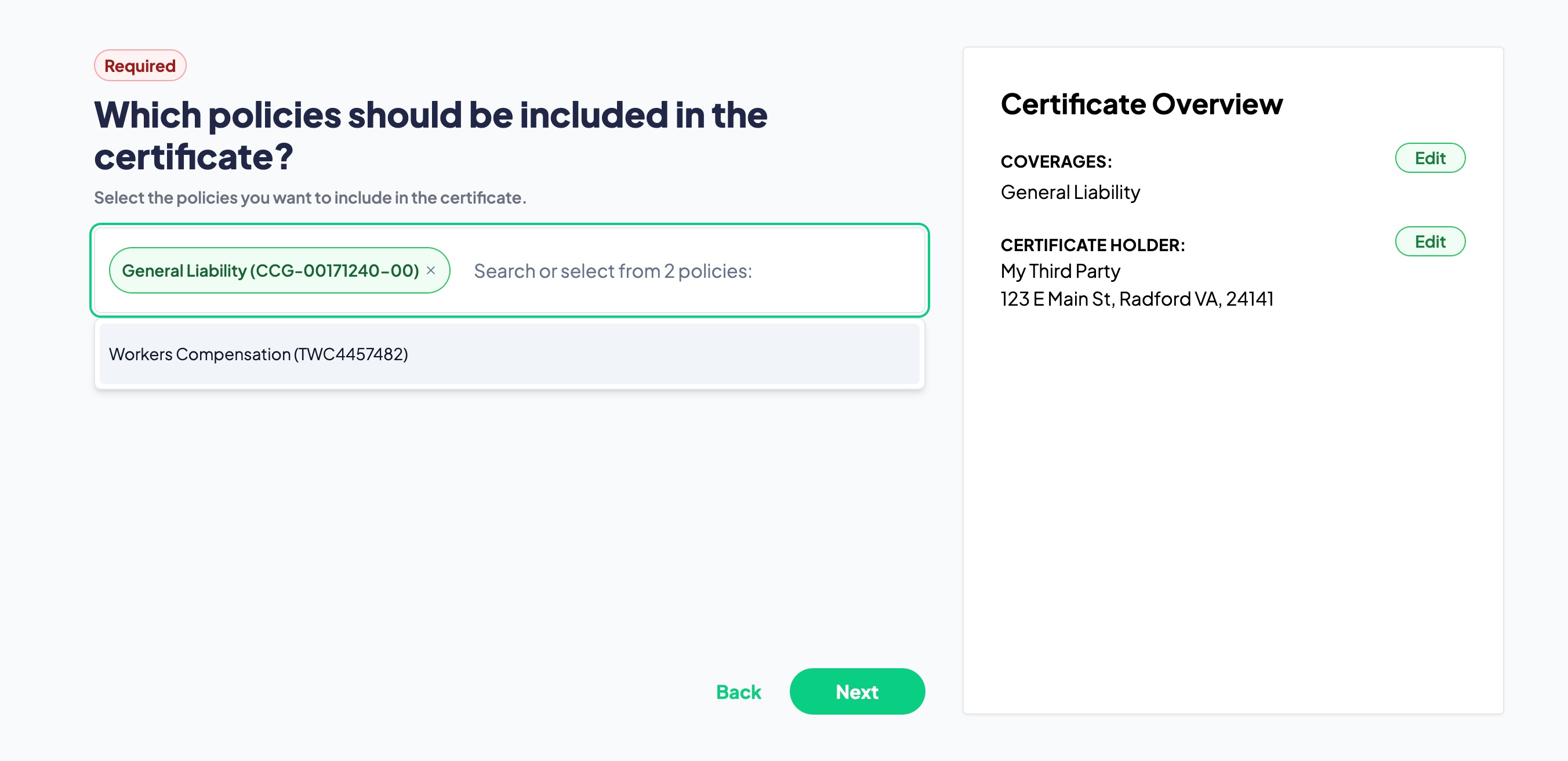 Coverdash user dashboard policy detail page