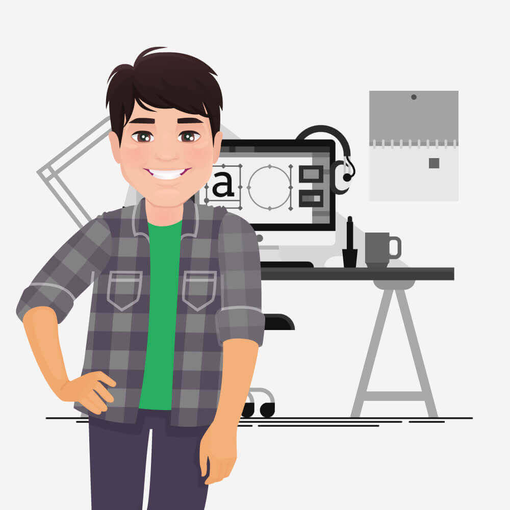 Illustration of man in front of computer