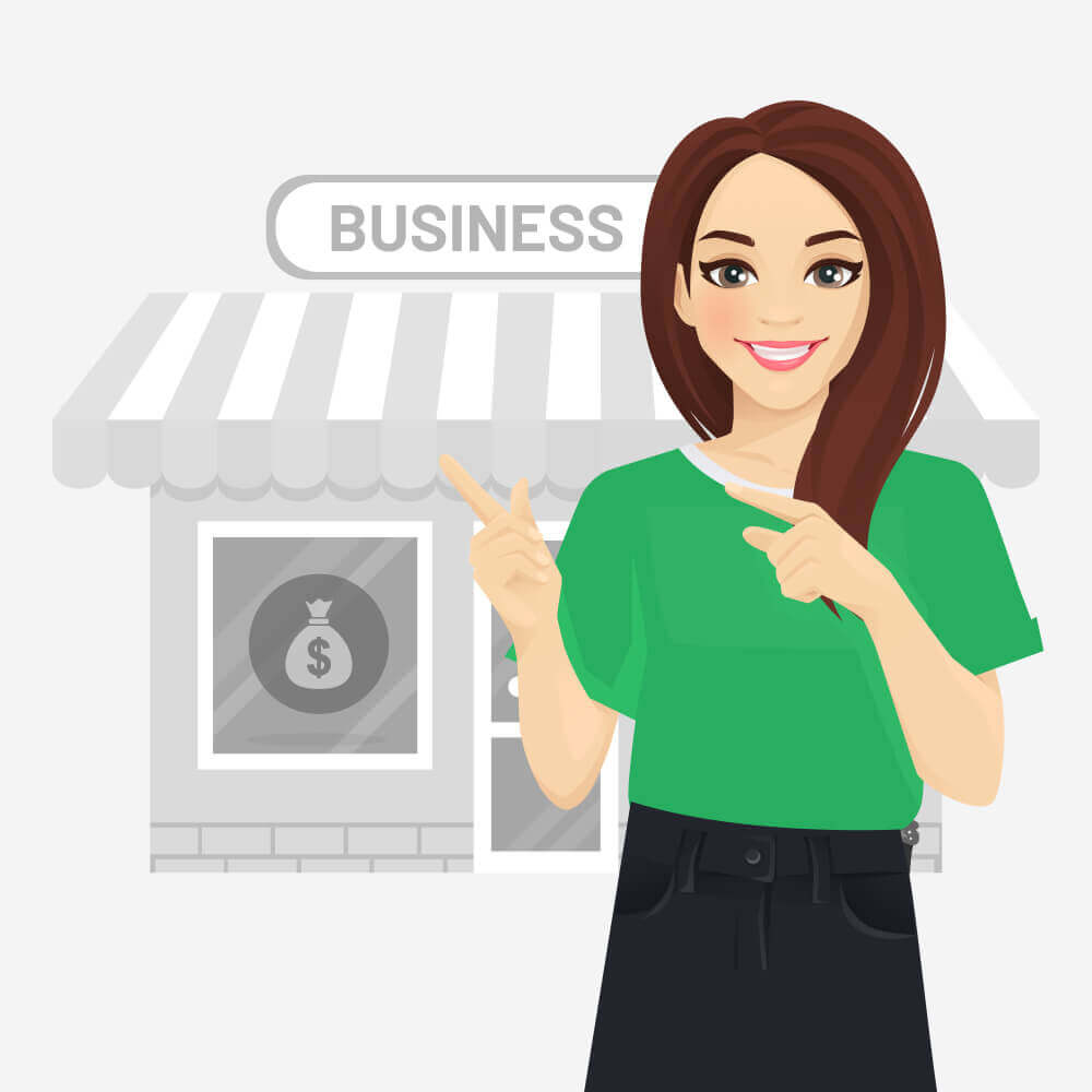 Illustration of woman in front of business